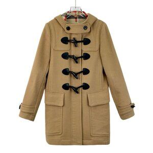 CW0348 Burberry Brit Womens Camel Wool Toggle Coat W/ Hood & Plaid Lining
